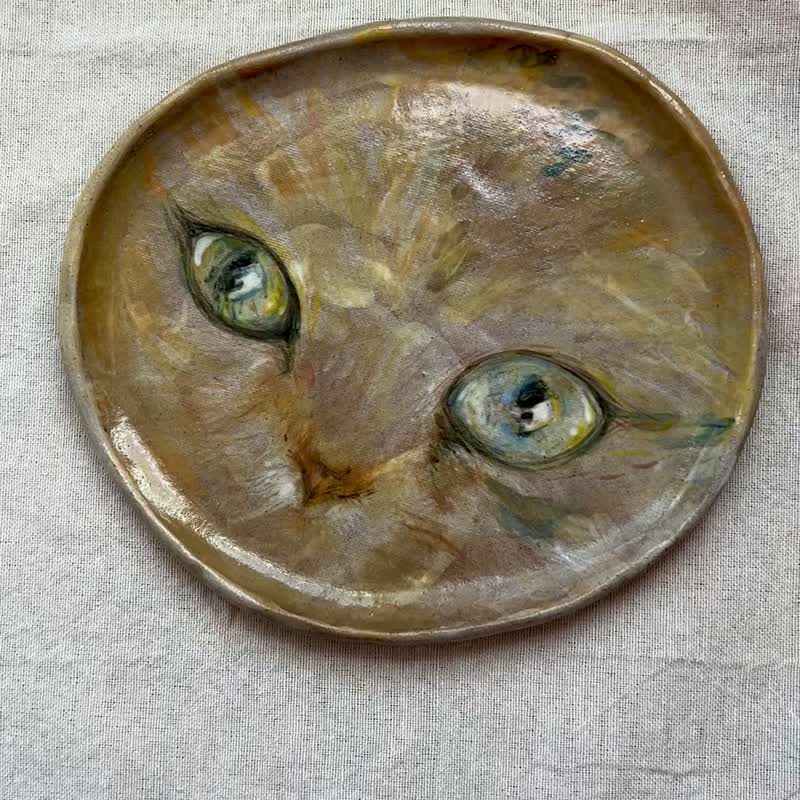 猫005 手绘陶18.9 X 16.8 x 1.5 cm - 玩偶/公仔 - 陶 