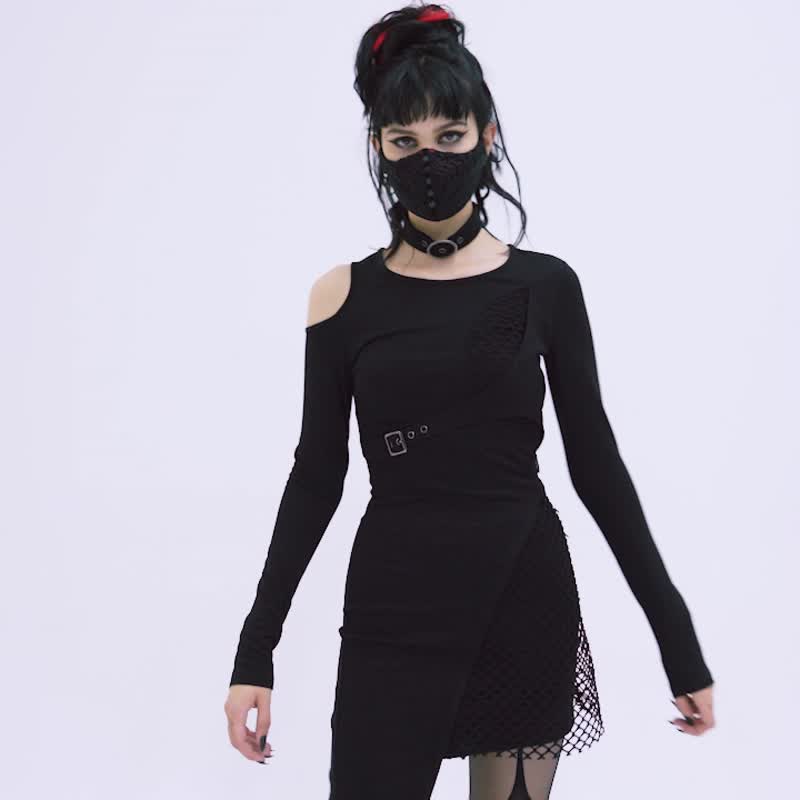 庞克镇魂曲祭司拼接连身裙 / 附脖圈 - 洋装/连衣裙 - 其他材质 黑色