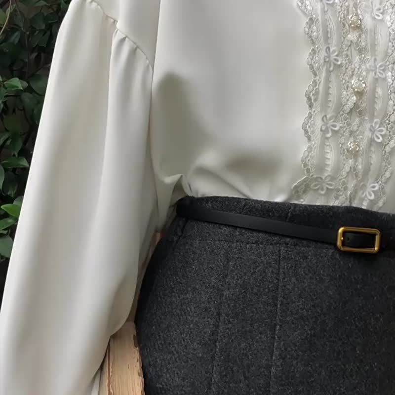 煙灰色 毛呢料摺紙半身長裙 優雅簡約後腰彈力鬆緊裙子 隱形拉鏈 - 裙子 - 羊毛 黑色