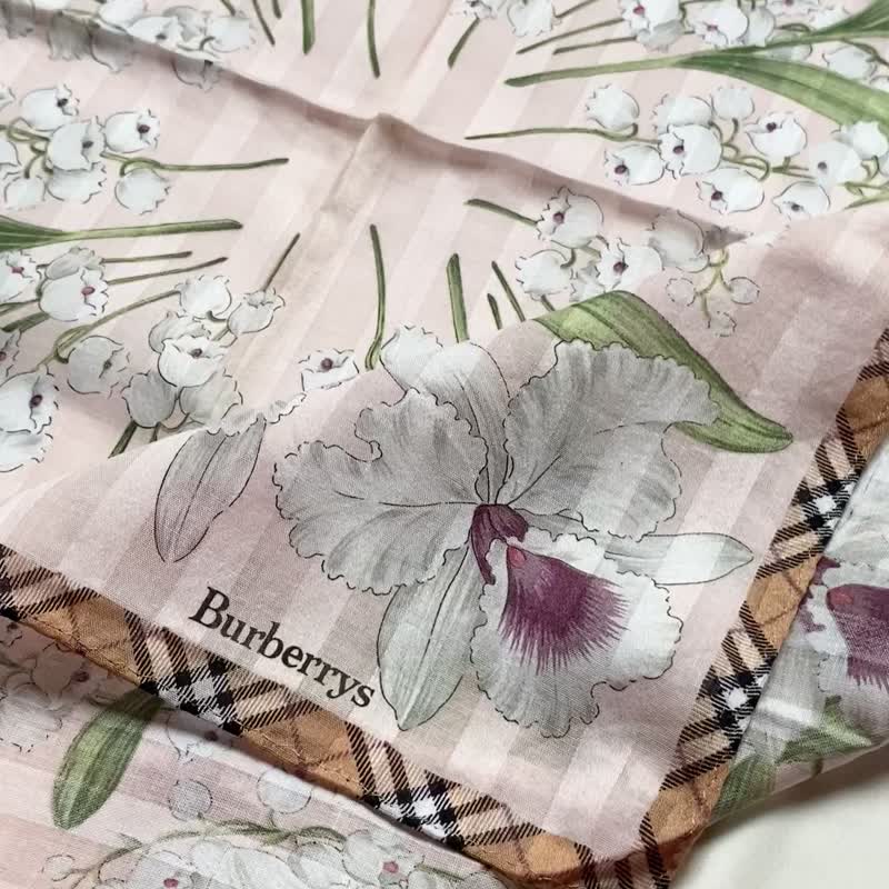 复古 Burberry 兰花铃兰图腾粉色纯棉大尺寸手帕丝巾 - 手帕/方巾 - 棉 粉红色