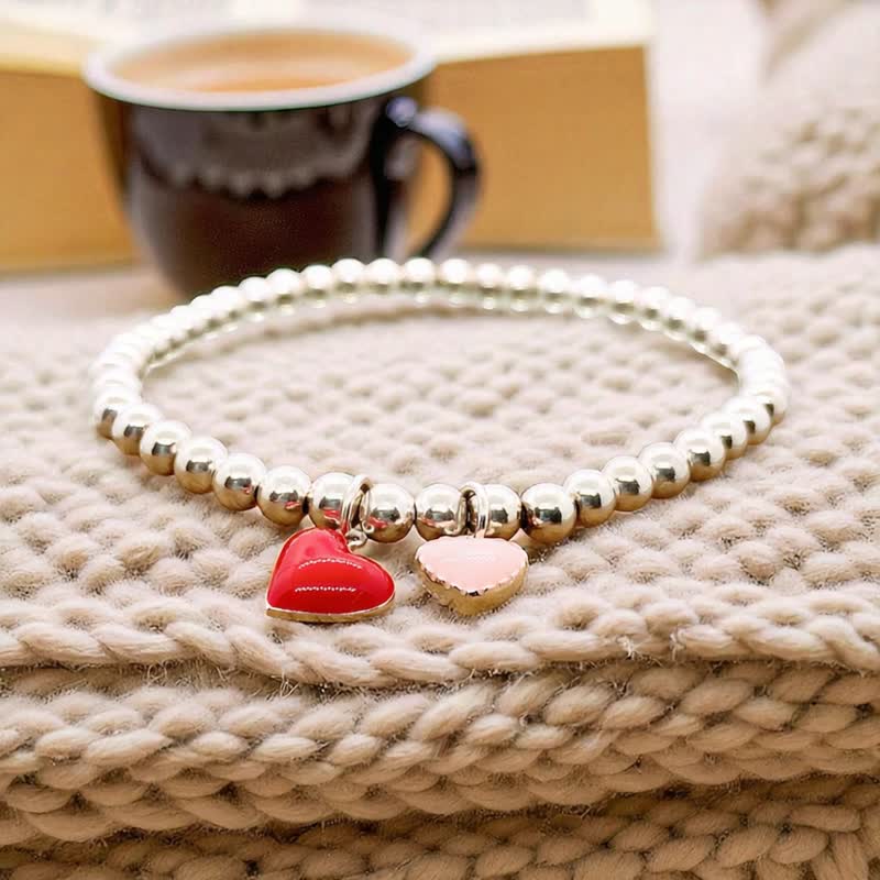 纯银 双色爱心 S925  银珠手链 - 手链/手环 - 纯银 红色