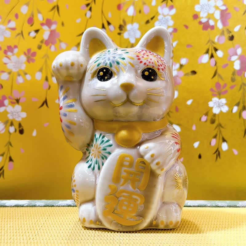 【花火招祥】日本清水烧招财猫 | 花结晶 杏 - 花火 开运 - 摆饰 - 瓷 卡其色