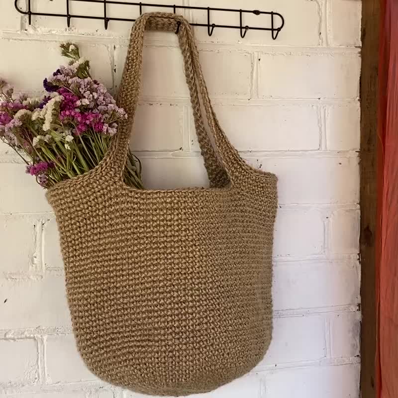 钩针编织黄麻网袋｜附提把｜绳编购物袋 - 手提包/手提袋 - 环保材料 