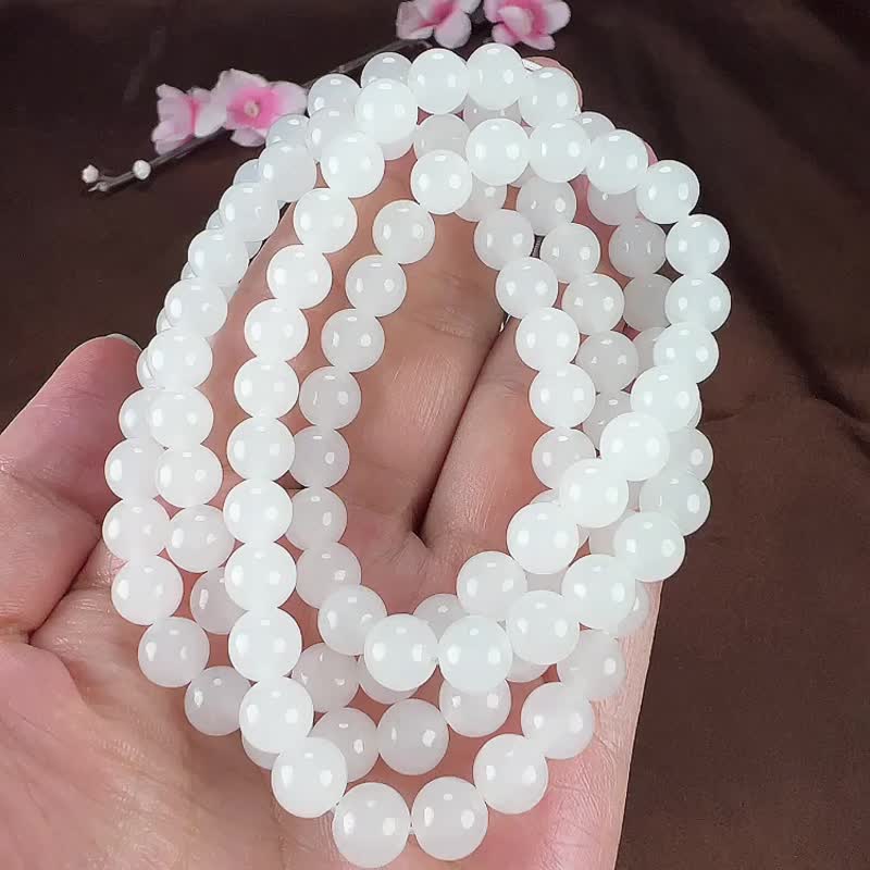 天然新疆和田玉羊脂玉8mm圆珠108颗佛珠手链项链玉质细腻油润 - 吊饰 - 玉石 