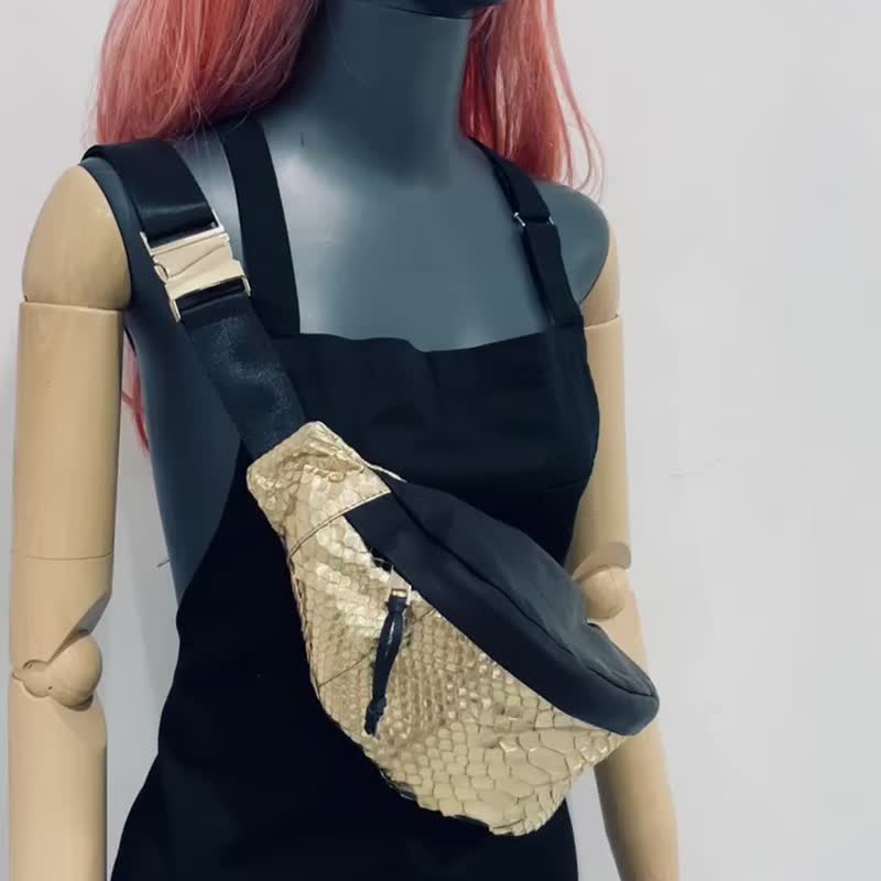 男女通用蛇皮斜挎包、蟒蛇皮腰包、蛇皮腰包 - 其他 - 真皮 金色