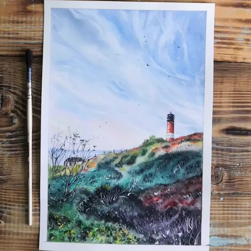 Lighthouse Painting Landscape Original Watercolor Seascape Wall Art - 海报/装饰画/版画 - 纸 多色