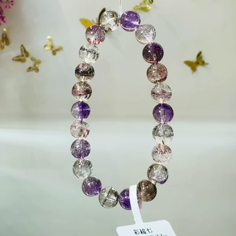 天然轻透料彩超七水晶8.5mm19.37g带彼岸花紫超七三轮骨干水晶 - 手链/手环 - 水晶 多色