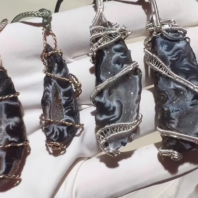 纯手工进口14K包金绕线玛瑙晶洞片吊坠 - 项链 - 宝石 多色