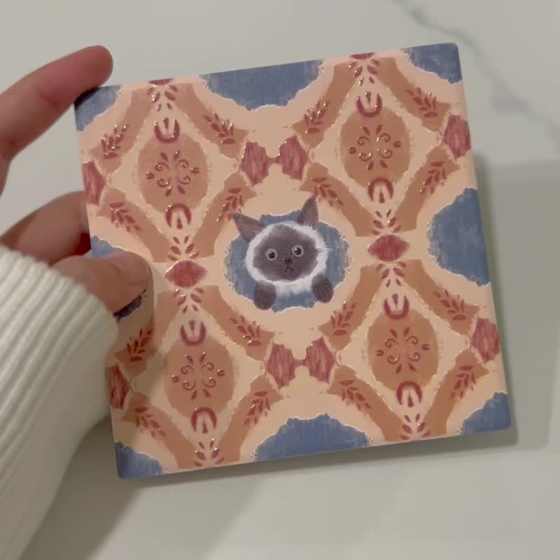 花砖躲猫猫杯垫 暹罗猫 | 婚礼小物 陶瓷 立体花纹 - 杯垫 - 陶 多色