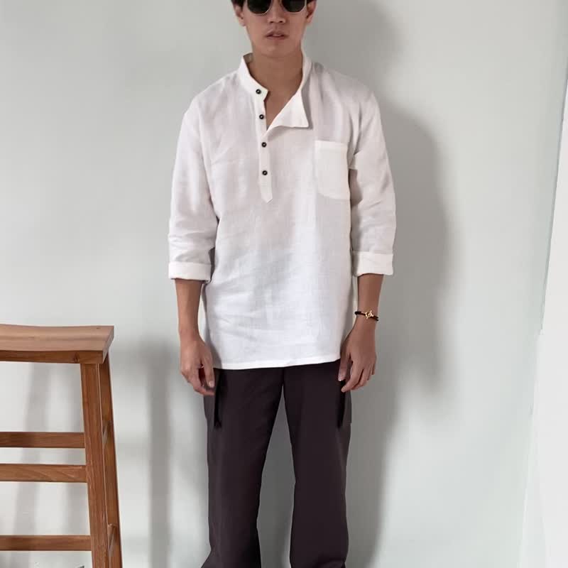 Blue & J Natural Linen Black Buttons Mandarin Right Align Collar Shirt - White - 男装衬衫 - 亚麻 白色