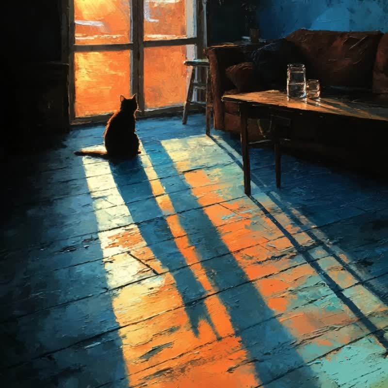 暮光停留的房间 艺术微喷 印象派油画猫咪 质感意境布置艺术挂画 - 海报/装饰画/版画 - 棉 