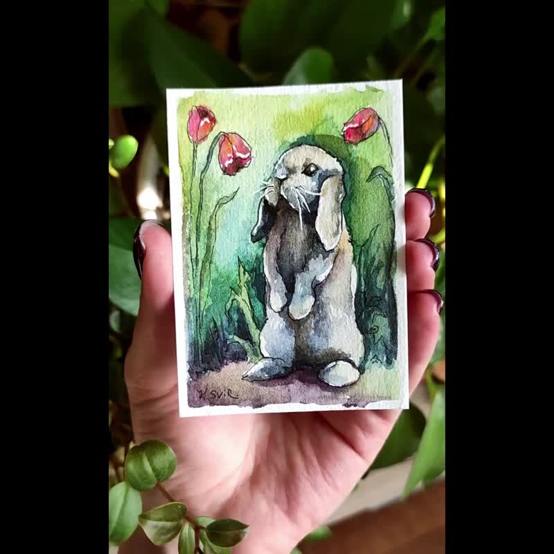 Rabbit Painting ACEO Original Watercolor Art Animal Artwork Hare Wall Art - 海报/装饰画/版画 - 纸 多色