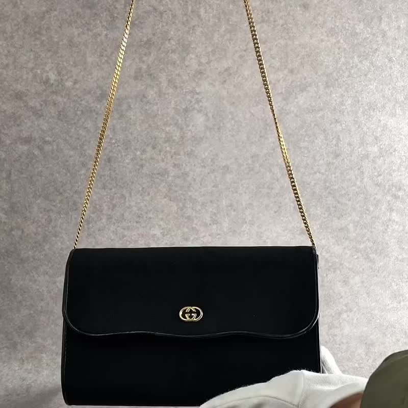 【 日本直送 名牌中古包 】GUCCI 古驰 侧背包 黑色 Interlocking 尼龙 链条 vintage 古董 c5t5sp - 侧背包/斜挎包 - 尼龙 黑色