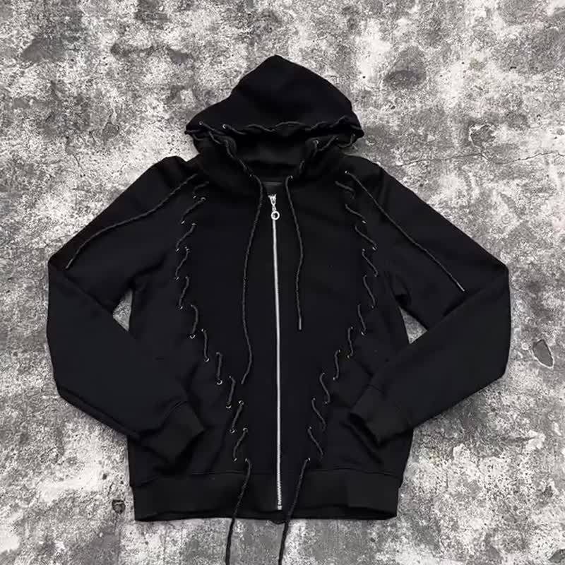美式復古 原創裏布外翻 拉鏈小眾抽繩 黑色連帽衛衣 - 男装外套 - 其他材质 黑色