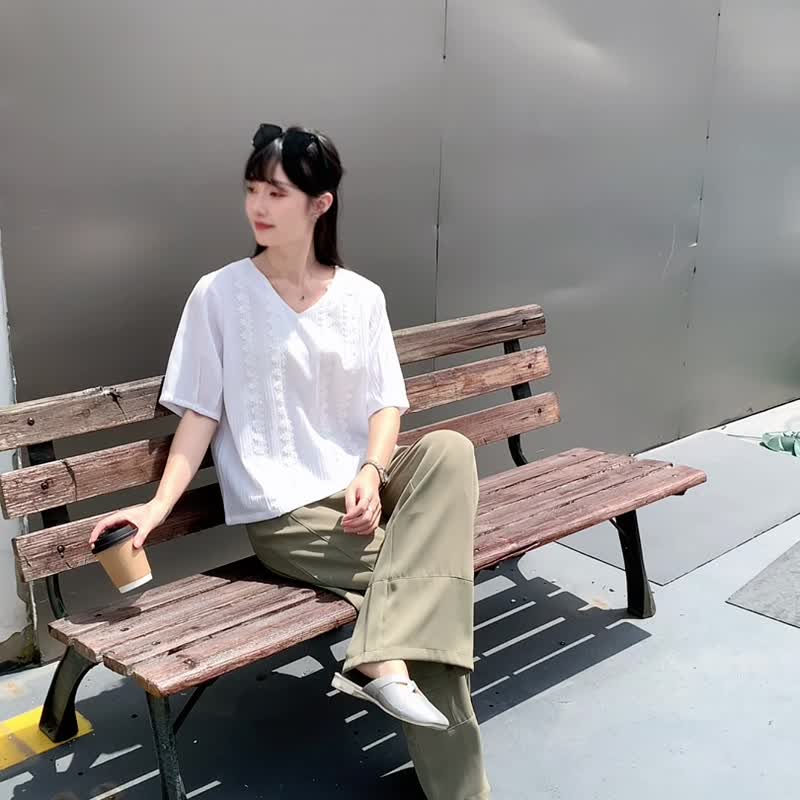 |初秋新品2件75折| V领蕾丝暗纹上衣|白色|无里衬|无弹|不透 - 女装上衣 - 聚酯纤维 白色