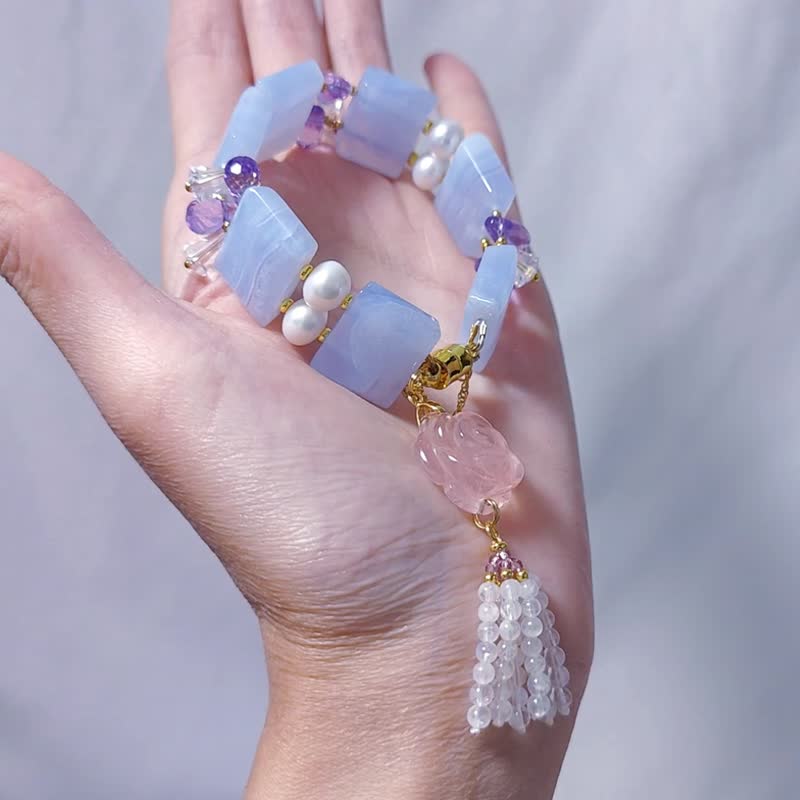 顶级蓝纹玛瑙 星光粉晶 紫水晶 珍珠 蓝月光 浪漫 手链 单品 礼物 - 手链/手环 - 宝石 蓝色