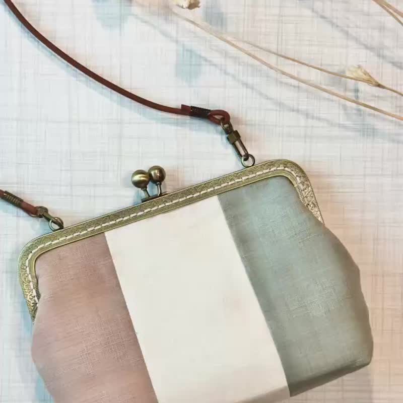 【巧妙艺手】粉绿拼接口金包 斜背包 真皮皮绳背带 - 侧背包/斜挎包 - 棉．麻 多色