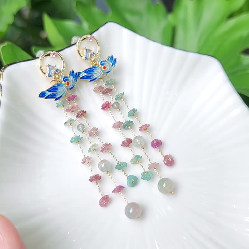 碧玺 蓝西瓜 花开富贵 流苏 喜鹊 珐琅 招财 富贵 耳环 单品 - 耳环/耳夹 - 宝石 蓝色