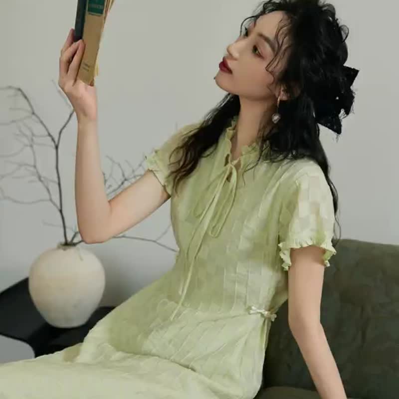 绿色艺术生少女洋装 2024新款女夏季 温柔风显白气质小个子连衣裙 - 洋装/连衣裙 - 其他材质 绿色