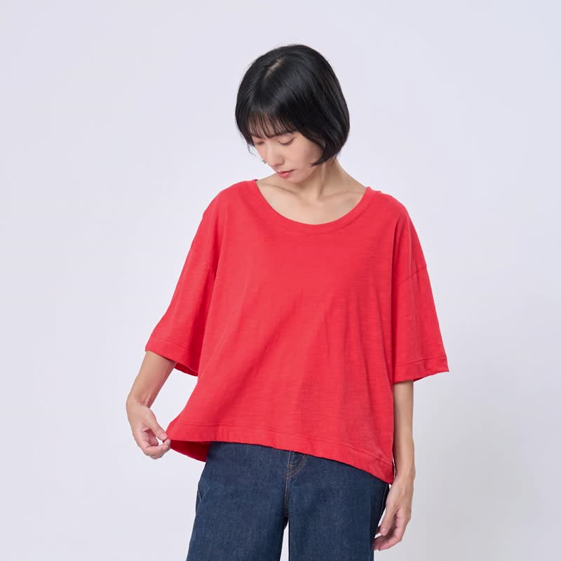 竹節棉落肩寬版上衣 - 女装 T 恤 - 尼龙 红色