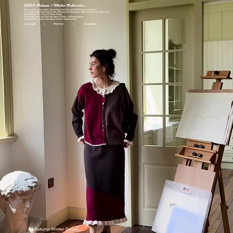 莓果色 莓果棕巧法式復古風浪漫木耳邊拼色針織毛衣半裙套裝 - 裙子 - 聚酯纤维 紫色