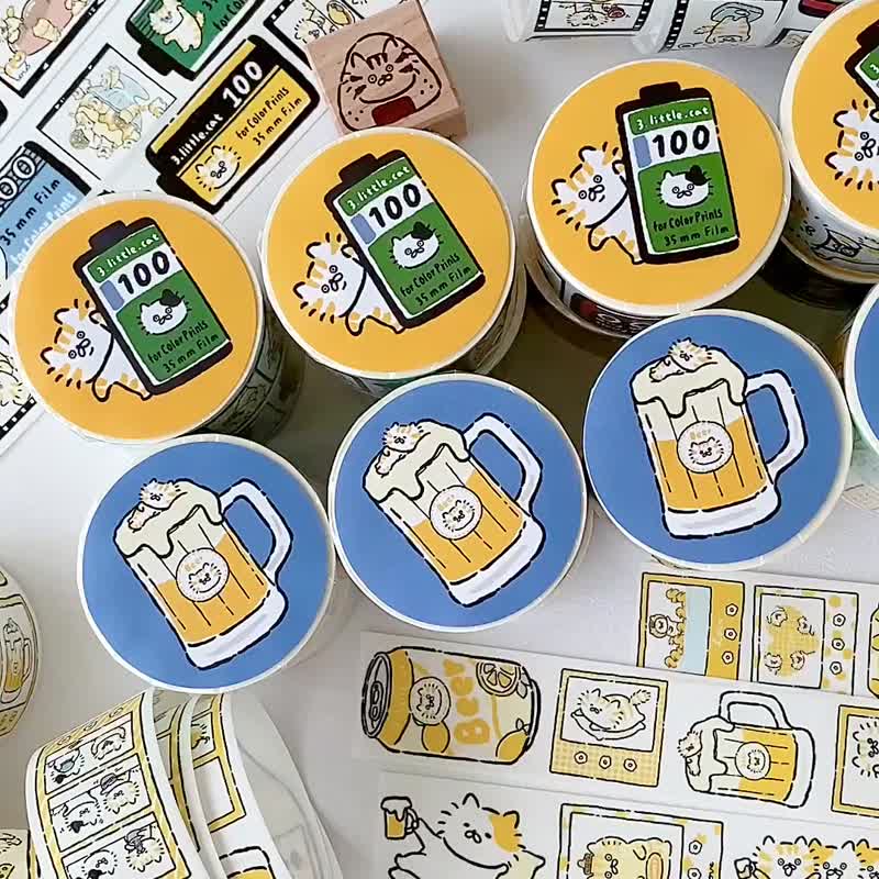 3小喵咪/啤酒猫底片猫复刻版/3厘米特油印刷和纸胶带/附离型纸 - 纸胶带 - 纸 多色