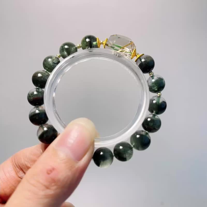 天然矿石 正品绿幽灵 9.6 mm 钛晶 925纯银 手链 - 手链/手环 - 宝石 绿色