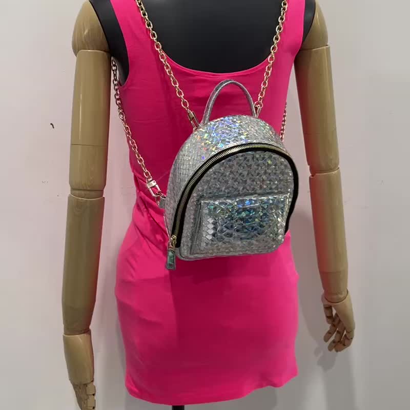 女士银色蟒蛇皮后背包 迷你蛇皮后背包 - 后背包/双肩包 - 真皮 银色