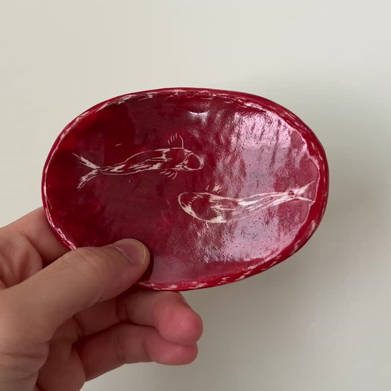 有鱼有余  手绘陶 10x7cm - 盘子/餐盘/盘架 - 陶 
