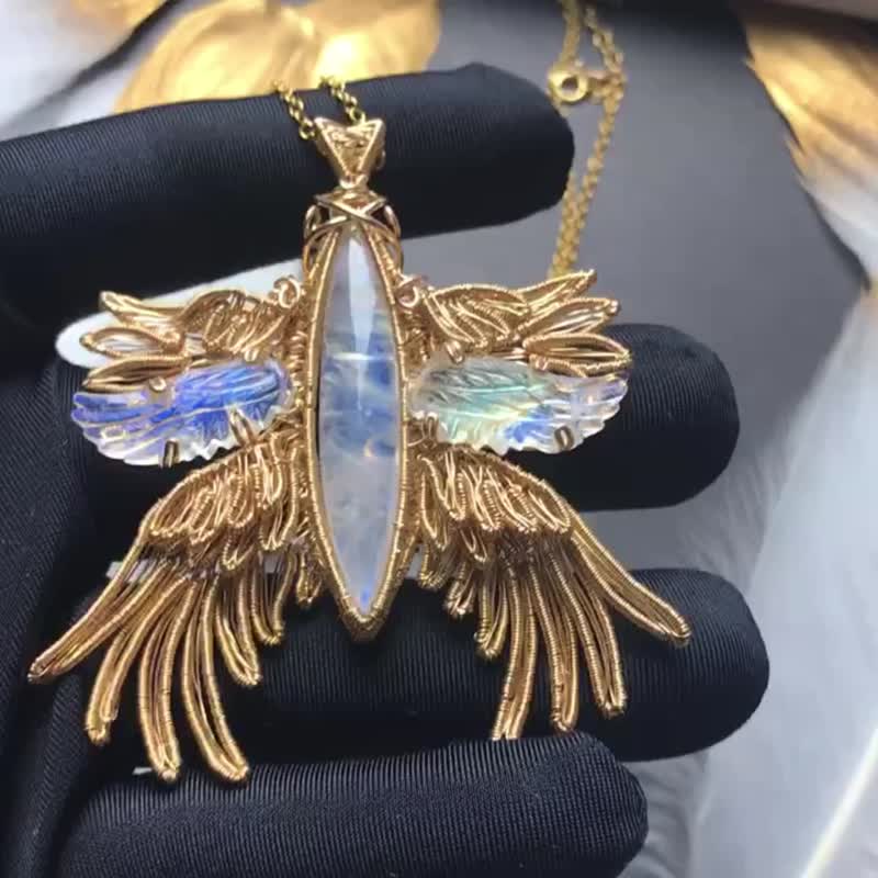 14k包金绕线六翅天使翅膀月亮石吊坠 - 项链 - 宝石 多色