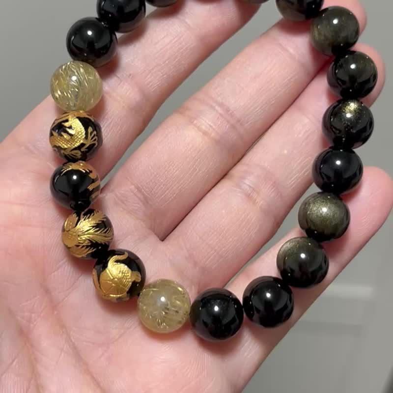 日本人气 金雕四神兽黑玛瑙 x 金发晶 x 金曜石 五行金属性 手串 - 手链/手环 - 半宝石 金色