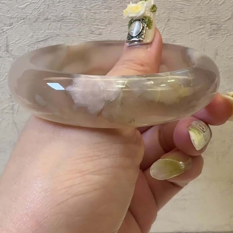 樱花玛瑙手镯 玛瑙手镯高级烟紫冰灰成形粉花正镯套镯59-60可戴 - 手链/手环 - 玉石 