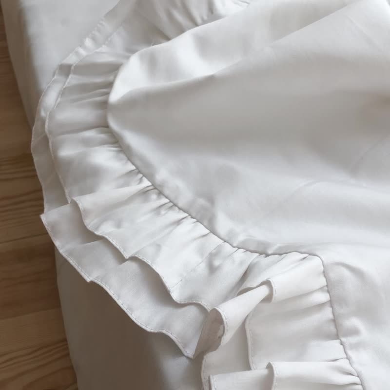 荷叶边被套组：100% 纯棉 Sateen 床组，白色 - 寝具 - 棉．麻 白色