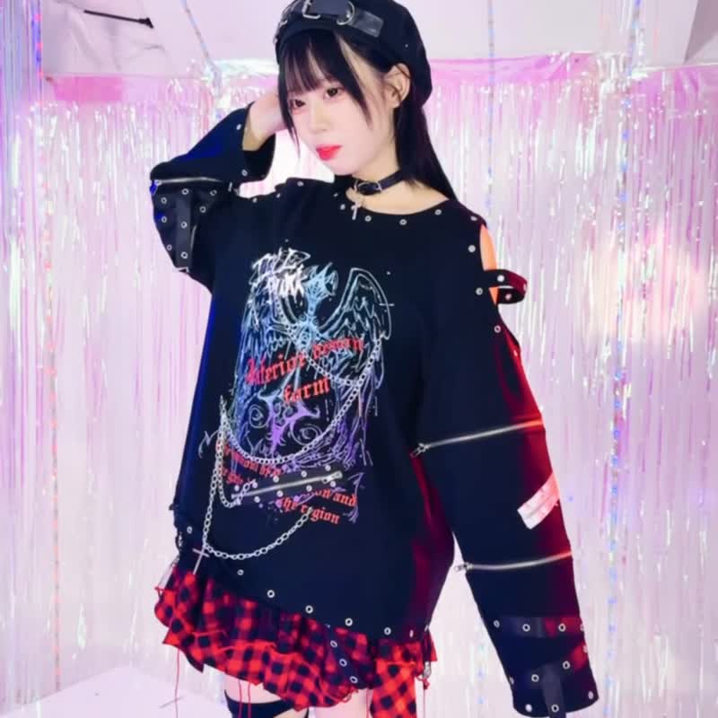 原创天使降临庞克风扣带十字架铁链造型露肩中性可拆袖 T 恤 JJ2548 - 男装上衣/T 恤 - 棉 