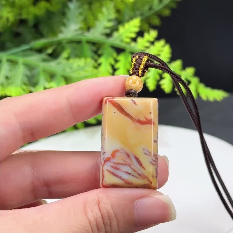 精品珊瑚玉吊坠项链发丝料冰润玉化多彩长方形无事牌有助冥想修行 - 项链 - 玉石 