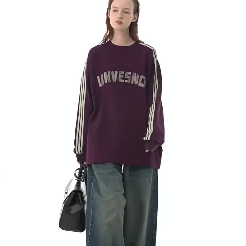 Unvesno (UN) 杆条运动美纹纸胶带印花插肩情侣长袖T恤 1710-1711 - 中性连帽卫衣/T 恤 - 棉．麻 紫色