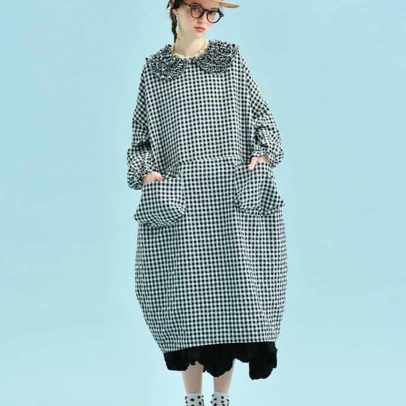 黑色水洗棉花边娃娃领口袋连身裙 / 裙子 - 洋装/连衣裙 - 其他材质 黑色