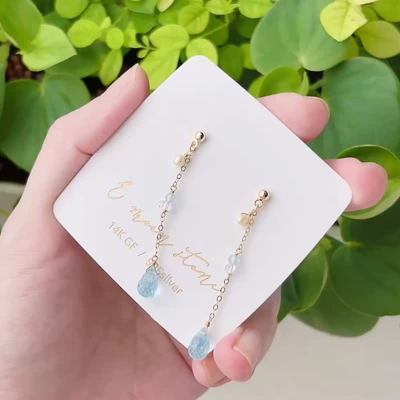 轻珠宝沁蓝晴空托帕石亮泽水滴耳环水晶 14K 注金 - 耳环/耳夹 - 水晶 蓝色