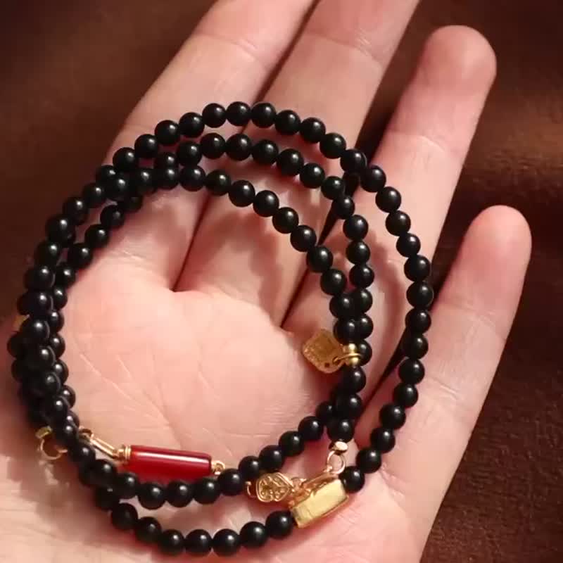天然和田玉墨玉手链漆黑如墨质地油润细腻搭配五路财神牌招财辟邪 - 手链/手环 - 玉石 