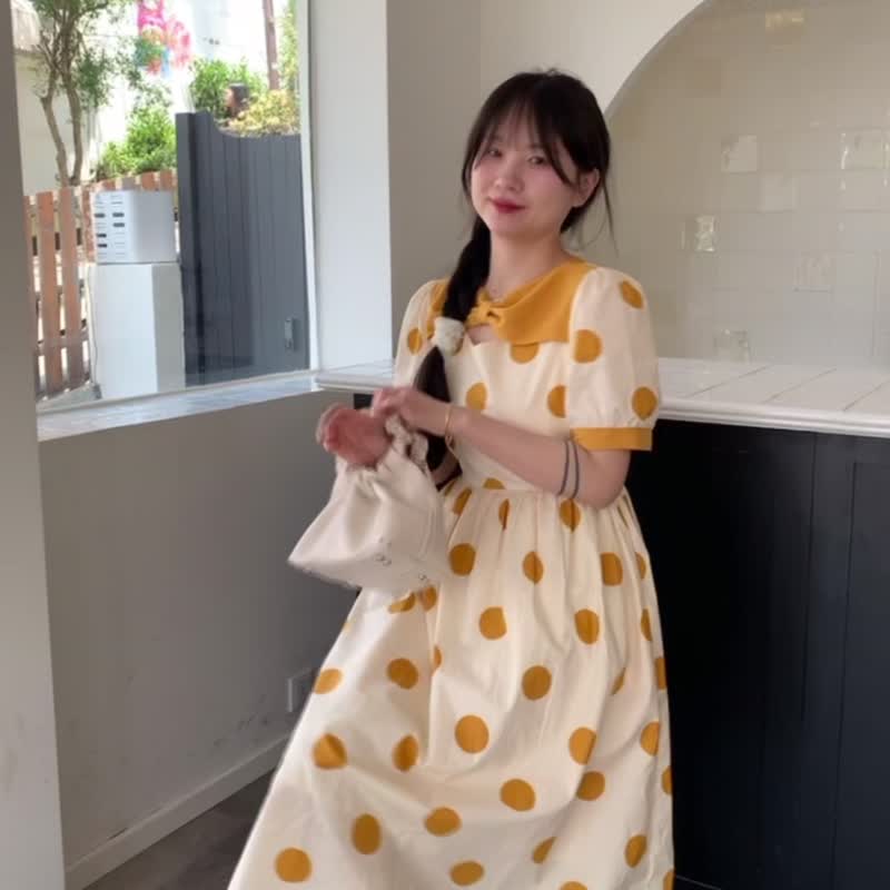 圆点蝴蝶结 泡泡袖 收腰法式高腰A字大摆连衣裙 夏 - 洋装/连衣裙 - 棉．麻 多色