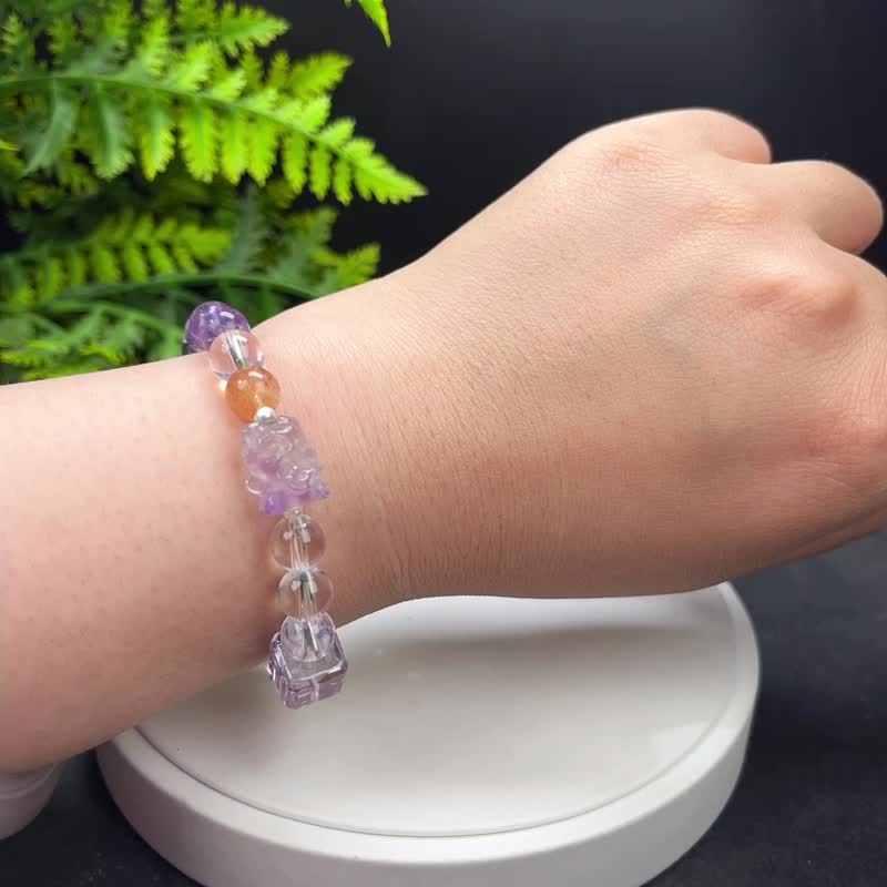 精品多宝水晶手串冰透秀气吞金兽紫兔毛紫水晶方糖白水晶切面手錬 - 手链/手环 - 水晶 