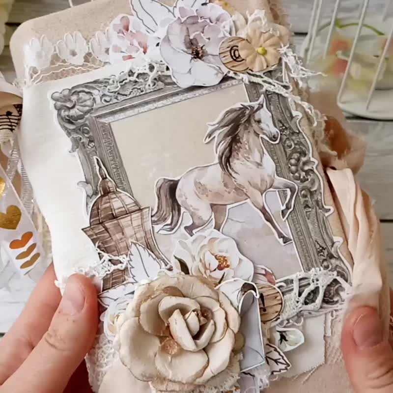 法式拼贴手帐 手作 乡村生活 日记 蕾丝 马匹 玫瑰 手帐 雅致 - 笔记本/手帐 - 纸 白色