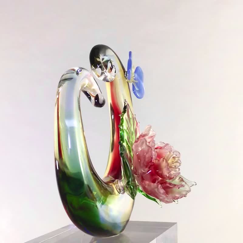 【定制化礼物】花开富贵 玻璃琉璃牡丹花摆饰水晶底座 精装盒 - 摆饰 - 玻璃 
