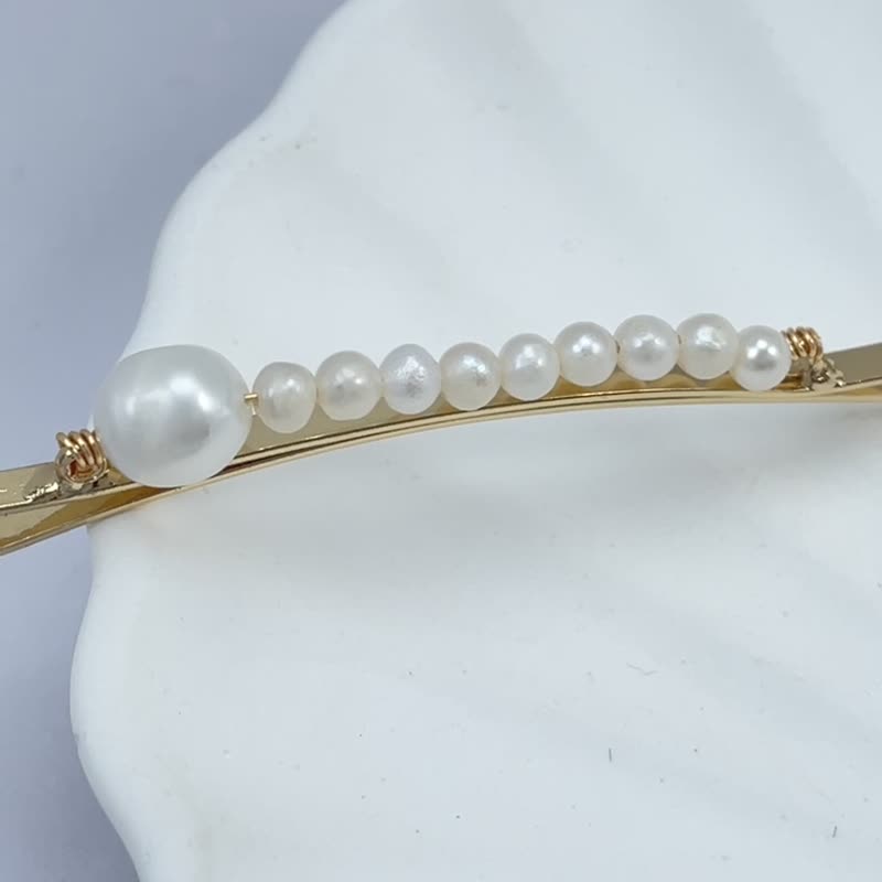 天然淡水珍珠 手作 简约 一字夹 发夹 - 发饰 - 珍珠 白色