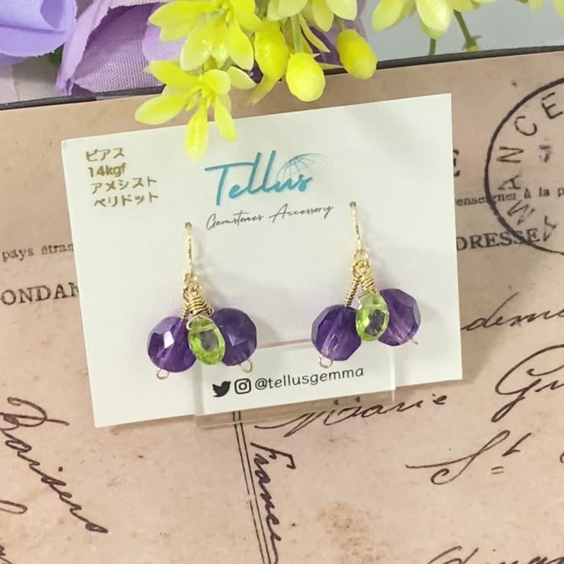 Fruit Series American Cherry 14kgf Amethyst and Peridot Hook Earrings - 耳环/耳夹 - 宝石 紫色